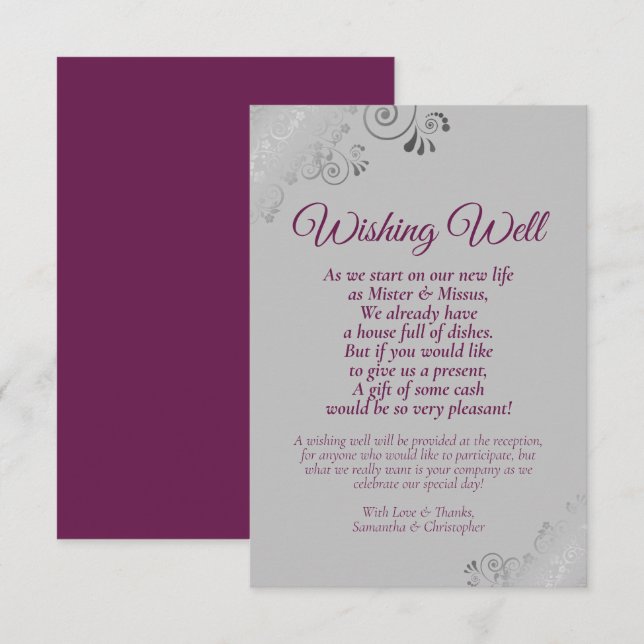 Tarjeta De Recepción Magenta y Boda gris plateado deseando poema bueno (Anverso / Reverso)