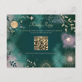 Tarjeta De Recepción Magia Celestial Luna y Estrellas Código QR Esmeral