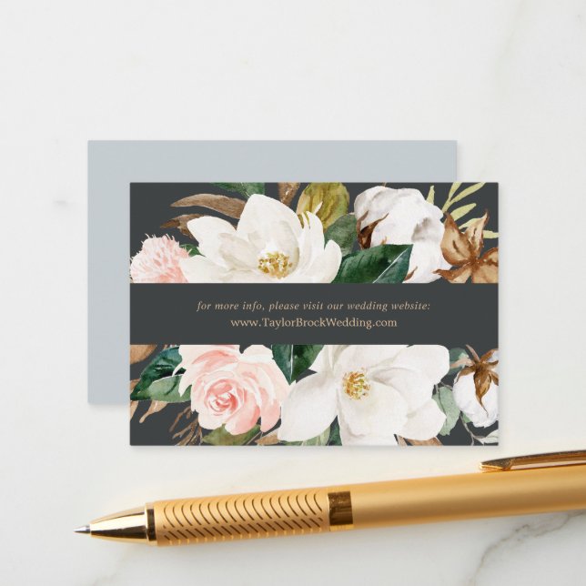 Tarjeta De Recepción Magnolia elegante | Sitio web de Boda negro (Anverso/Reverso In Situ)