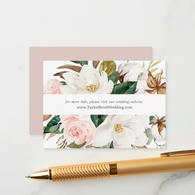 Tarjeta De Recepción Magnolia elegante | Sitio Web de Bodas blancos (Anverso/Reverso In Situ)