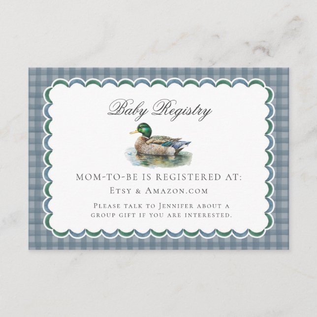 Tarjeta De Recepción Malard Duck Hunting Gingham Baby Registry Card (Anverso)