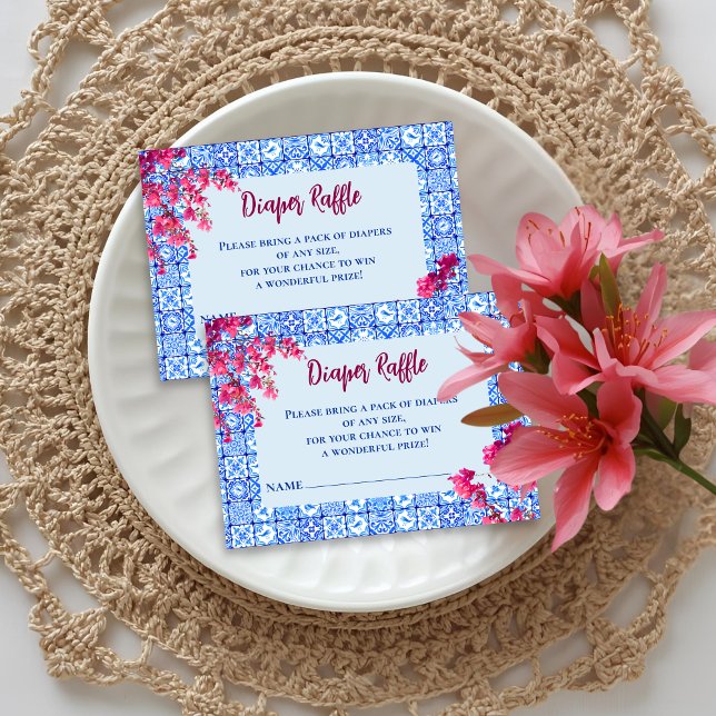 Tarjeta De Recepción Mamma Mia Blue Tile Pink Flower Diaper Raffle Game (Subido por el creador)