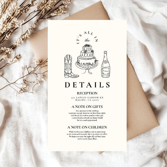 Tarjeta De Recepción Mano blanca negra dibujó Boda de doodle occidental (Subido por el creador)