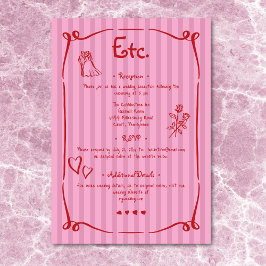 Tarjeta De Recepción Mano retro caprichosa Boda de banda roja rosada