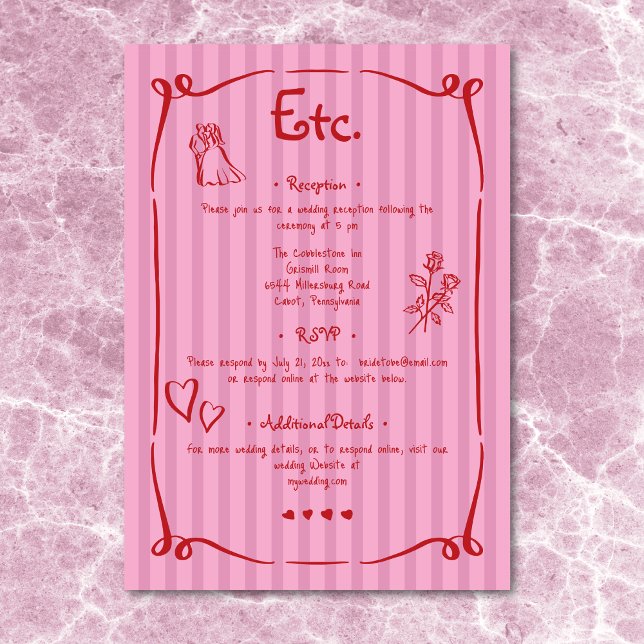 Tarjeta De Recepción Mano retro caprichosa Boda de banda roja rosada (Whimsical Retro Hand Drawn Pink Red Stripe Wedding Enclosure Card)