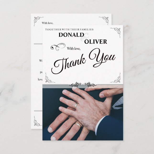 Tarjeta De Recepción Manos de una pareja Boda gay con anillos (Anverso / Reverso)