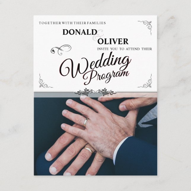 Tarjeta De Recepción Manos de una pareja Boda gay con anillos (Anverso)