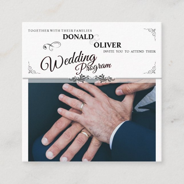 Tarjeta De Recepción Manos de una pareja Boda gay con anillos (Anverso)