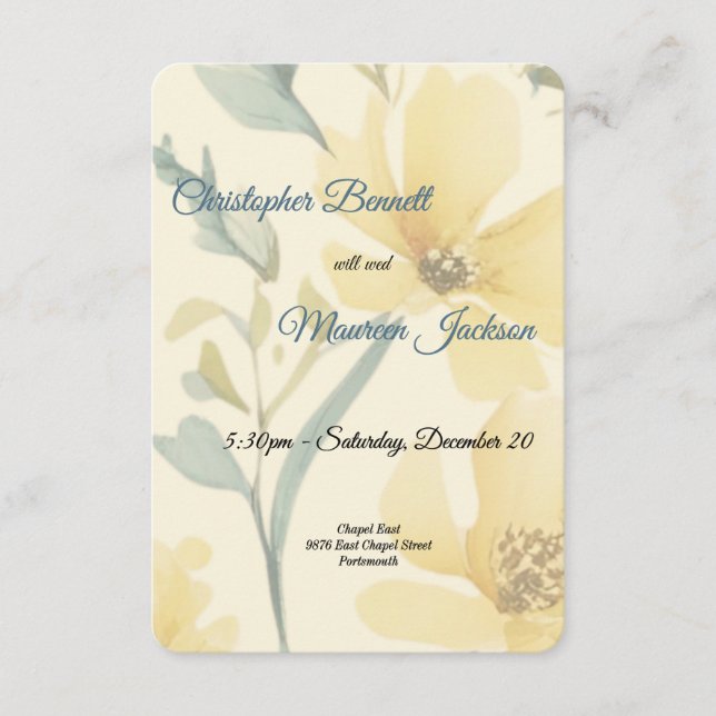 Tarjeta De Recepción Mantequilla Amarillo Paleta Azul Floral Acuarela (Anverso)