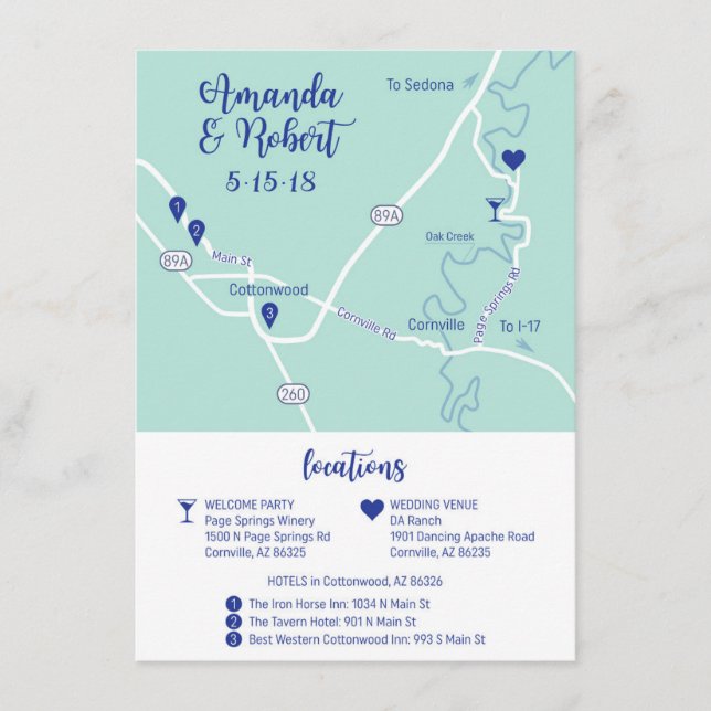 Tarjeta De Recepción Mapa de casamiento personalizado (Anverso)
