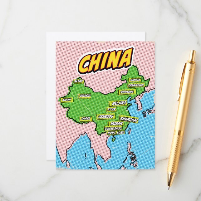 Tarjeta De Recepción Mapa de China ilustrado con arte pop (Anverso/Reverso In Situ)