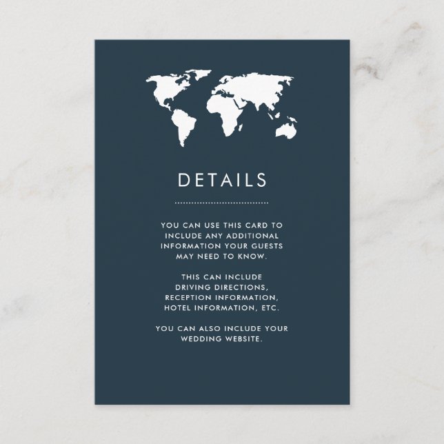 Tarjeta De Recepción Mapa del mundo azul oscuro Bodas de viaje elegante (Anverso)