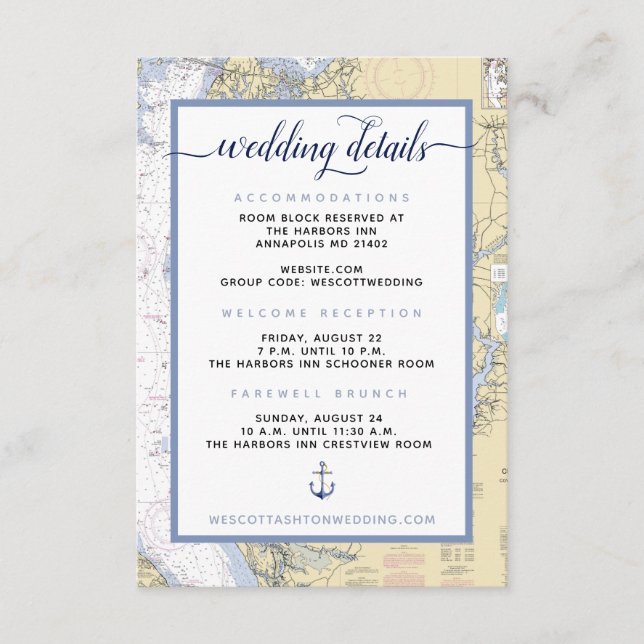 Tarjeta De Recepción Mapa Náutico de la Marina Moderna #Boda Annapolis (Anverso)