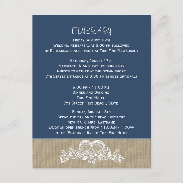 Tarjeta De Recepción Mar Garland Tropical Beach Wedding Itinerary Blue (Anverso)