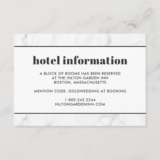 Tarjeta De Recepción Marble Black & White Boda Hotel Travel Card (Anverso)