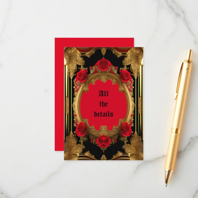 Tarjeta De Recepción Marco dorado con rosas rojas, boda gótico (Anverso/Reverso In Situ)