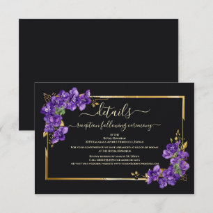 Tarjeta De Recepción Marco Dorado Floral Violeta Negra Elegante Boda