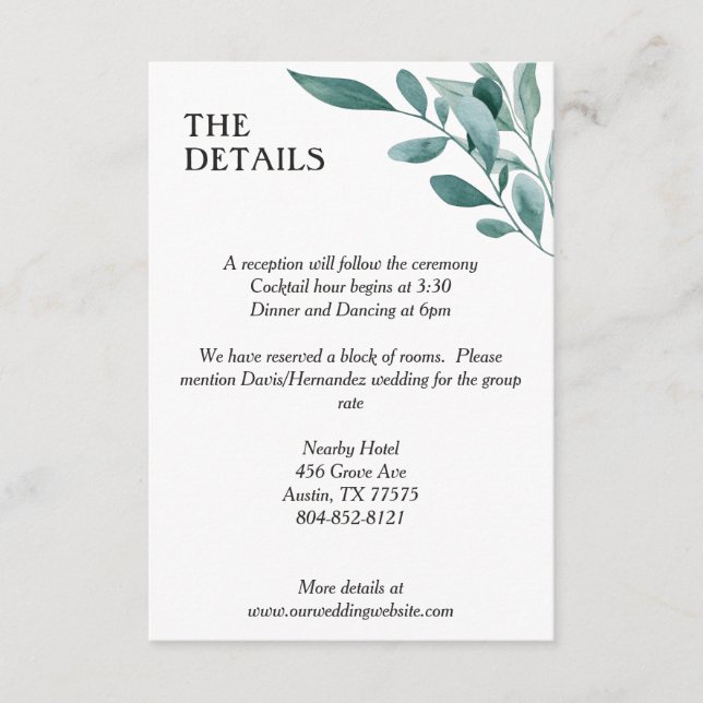 Tarjeta De Recepción Marco verde Eucalipto Blanco azul verde negro (Anverso)