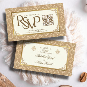 Tarjeta De Recepción Marfil Gold Damask QR Code RSVP Web Boda islámico
