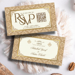 Tarjeta De Recepción Marfil Gold Damask QR Code RSVP Web Boda islámico