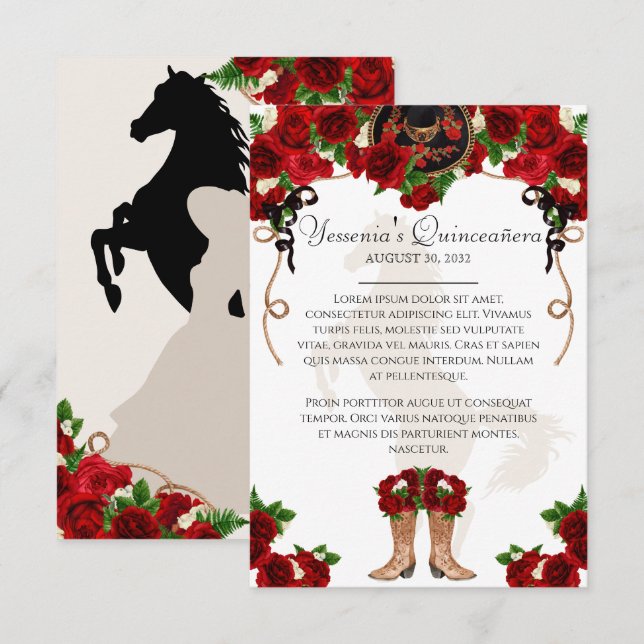 Tarjeta De Recepción Mariachi Charro Red Rose Quinceanera Info (Anverso / Reverso)
