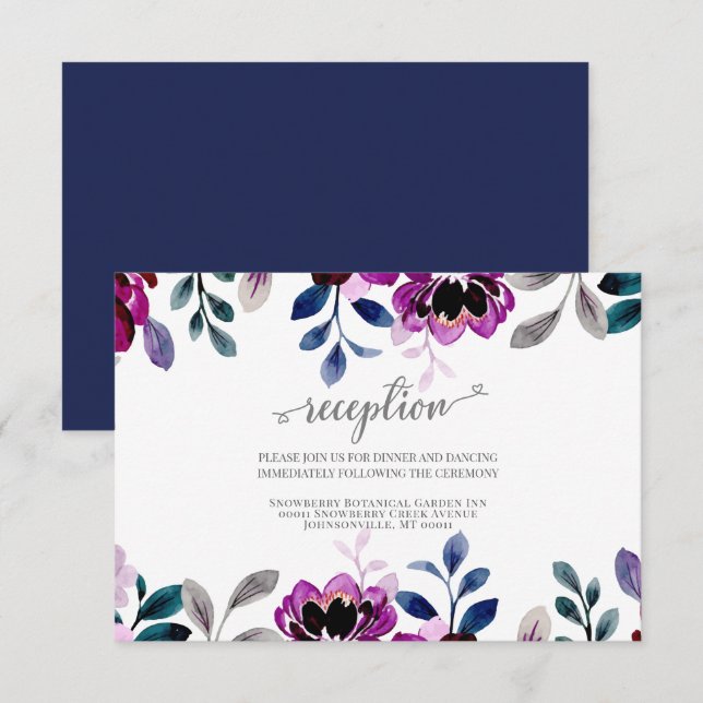 Tarjeta De Recepción Marina acuarela y Boda morado floral (Anverso / Reverso)
