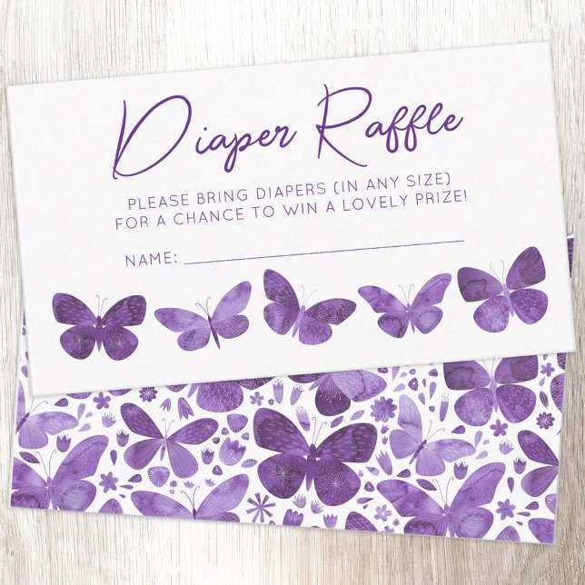 Tarjeta De Recepción Mariposa Baby Shower Diaper Raffle (Modern watercolor purple butterfly art gender neutral baby shower diaper raffle enclosure card)