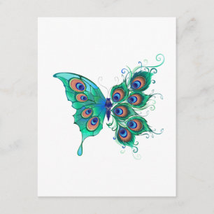 Tarjeta De Recepción Mariposa con plumas de pavo real verde