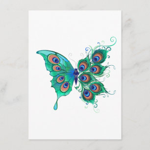 Tarjeta De Recepción Mariposa con plumas de pavo real verde