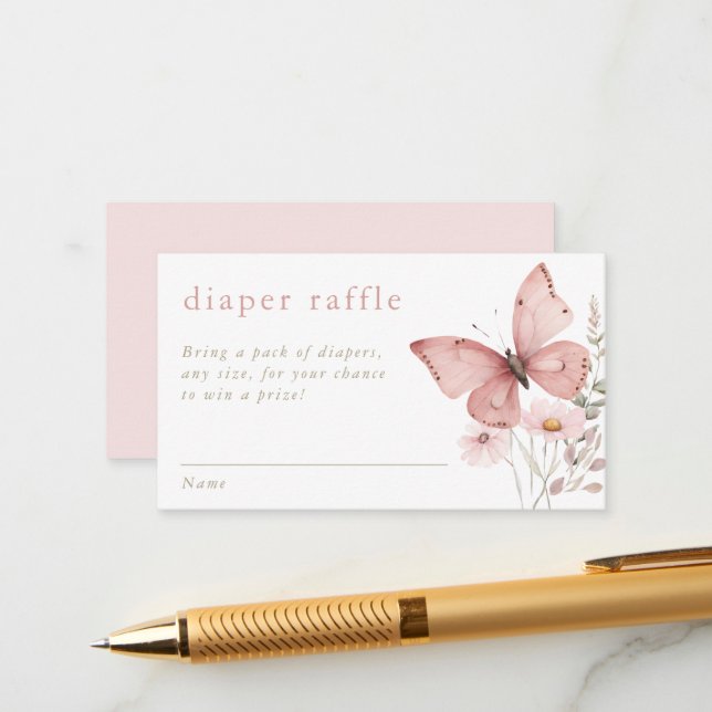 Tarjeta De Recepción Mariposa Diaper Raffle flores silvestres rosadas (Anverso/Reverso In Situ)
