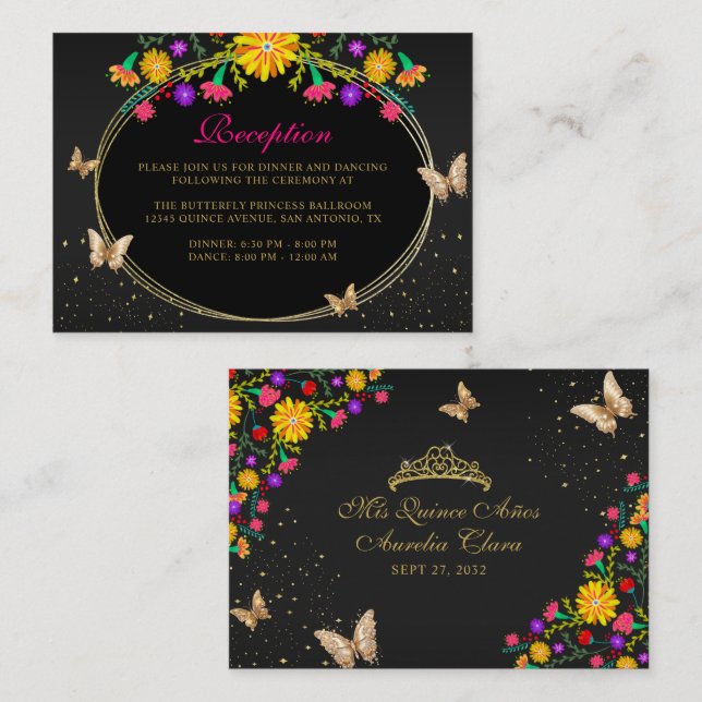Tarjeta De Recepción Mariposa floral de oro negro mexicano Quinceañera (Anverso / Reverso)
