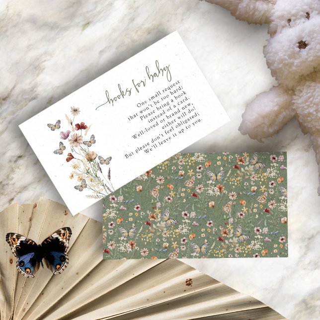 Tarjeta De Recepción Mariposa Polvorientos Libros Verdes Para Bebés (Butterfly Dusty Green Boho Floral Books For Baby Enclosure Card by Painted Paperie
)