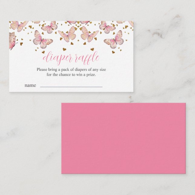 Tarjeta De Recepción Mariposa rosa y dorada | Diaper Raffle Insert (Anverso / Reverso)