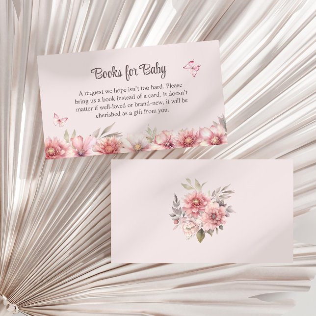 Tarjeta De Recepción Mariposa rosa y huertos de flores para bebé (Pink Butterfly and Flower Garden Books for Baby Enclosure Card on a white dry palm leaf.)