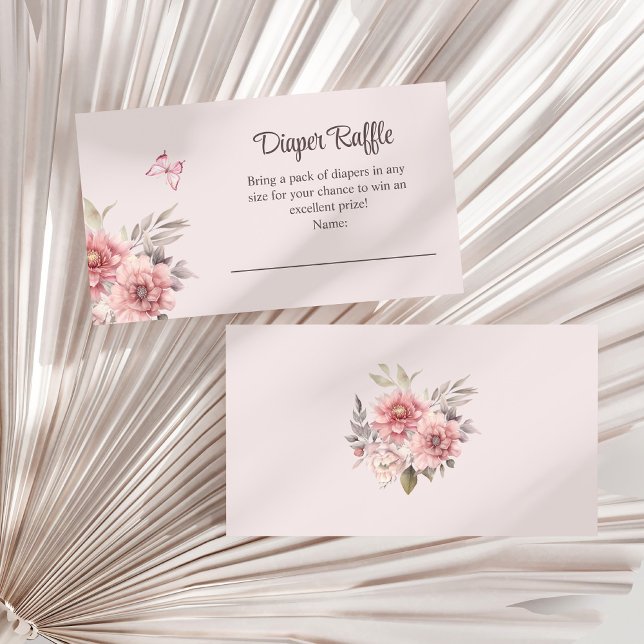 Tarjeta De Recepción Mariposa y flor Baby Shower Diaper Raffle (Butterfly and Flower Baby Shower Diaper Raffle Enclosure Card on a white dry palm leaf.)