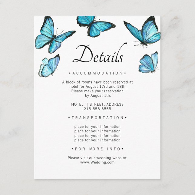 Tarjeta De Recepción Mariposas azules de lujo. Detalles del Boda elegan (Anverso)