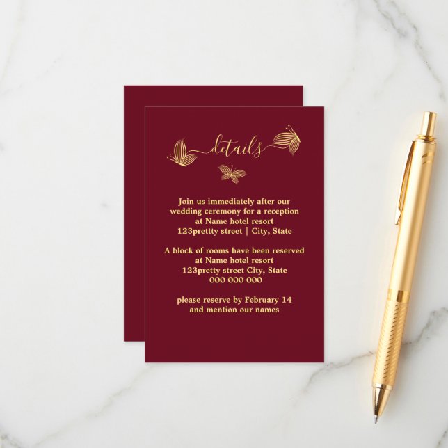 Tarjeta De Recepción Mariposas de oro románticas y elegantes boda burde (Anverso/Reverso In Situ)