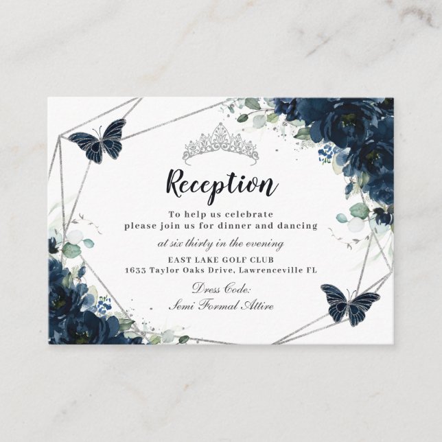 Tarjeta De Recepción Mariposas Florales Azul Marina Quinceañera Recepci (Anverso)