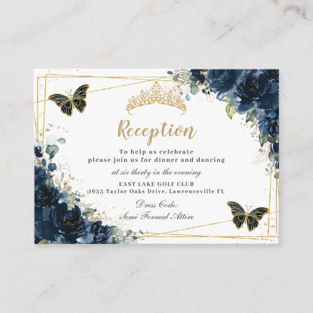 Tarjeta De Recepción Mariposas Florales Azul Marina Quinceañera Recepci (Anverso)