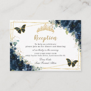 Tarjeta De Recepción Mariposas Florales Azul Marina Quinceañera Recepci