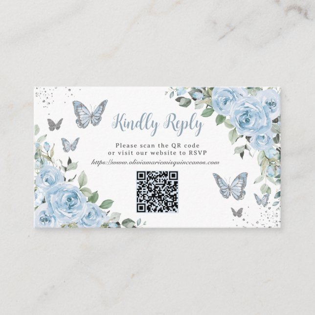 Tarjeta De Recepción Mariposas Florales Azules Quinceañera Código QR RS (Anverso)