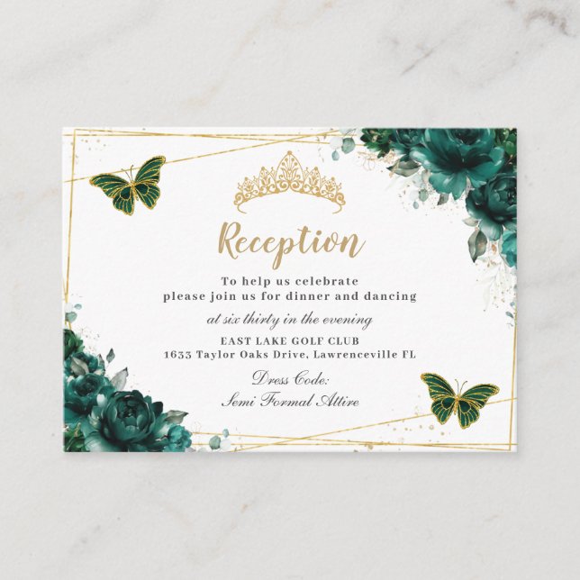 Tarjeta De Recepción Mariposas Florales Esmeraldas Quinceañera Recepció (Anverso)