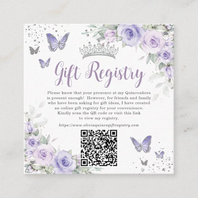 Tarjeta De Recepción Mariposas Lavanda Morada Quinceanera Regalo QR  (Anverso)