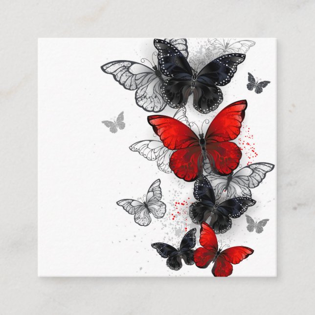 Tarjeta De Recepción Mariposas Morpho voladoras negras y rojas (Anverso)