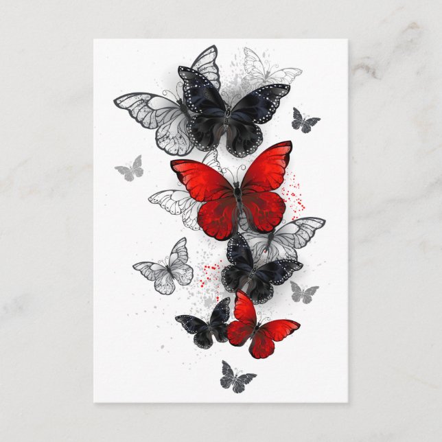 Tarjeta De Recepción Mariposas Morpho voladoras negras y rojas (Anverso)