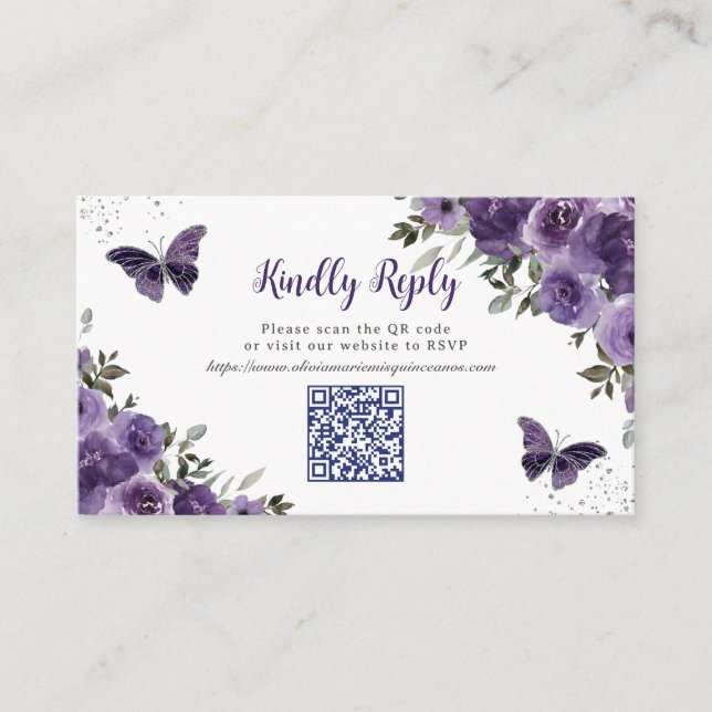 Tarjeta De Recepción Mariposas Purple Floral Quinceañera Código QR RSVP (Anverso)
