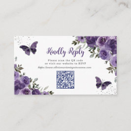 Tarjeta De Recepción Mariposas Purple Floral Quinceañera Código QR RSVP