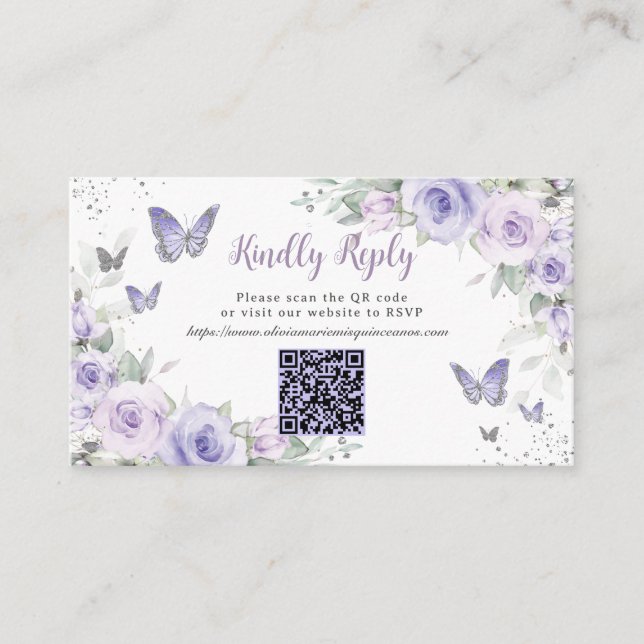 Tarjeta De Recepción Mariposas Purple Floral Quinceañera Código QR RSVP (Anverso)