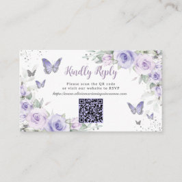 Tarjeta De Recepción Mariposas Purple Floral Quinceañera Código QR RSVP