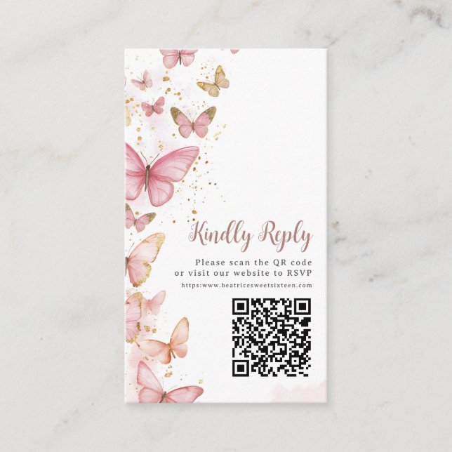 Tarjeta De Recepción Mariposas Rosadas Dulces Dieciséis Quinceanera QR  (Anverso)